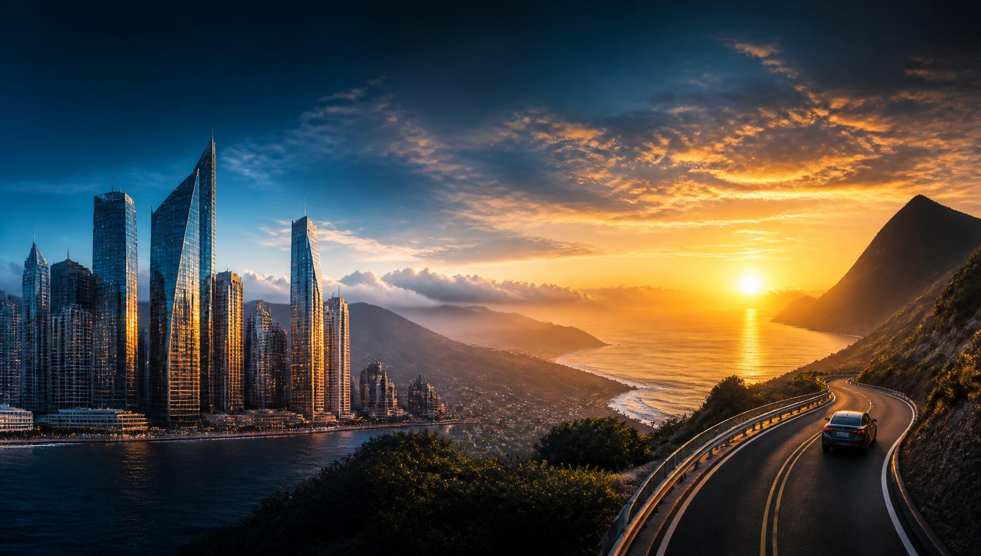 Skyline moderno y carretera panorámica con montañas y costa al atardecer